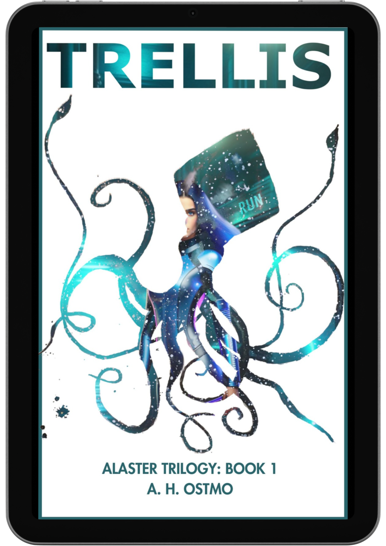 ebook with the trellis book cover: a mask of a squid over a technopunk young woman