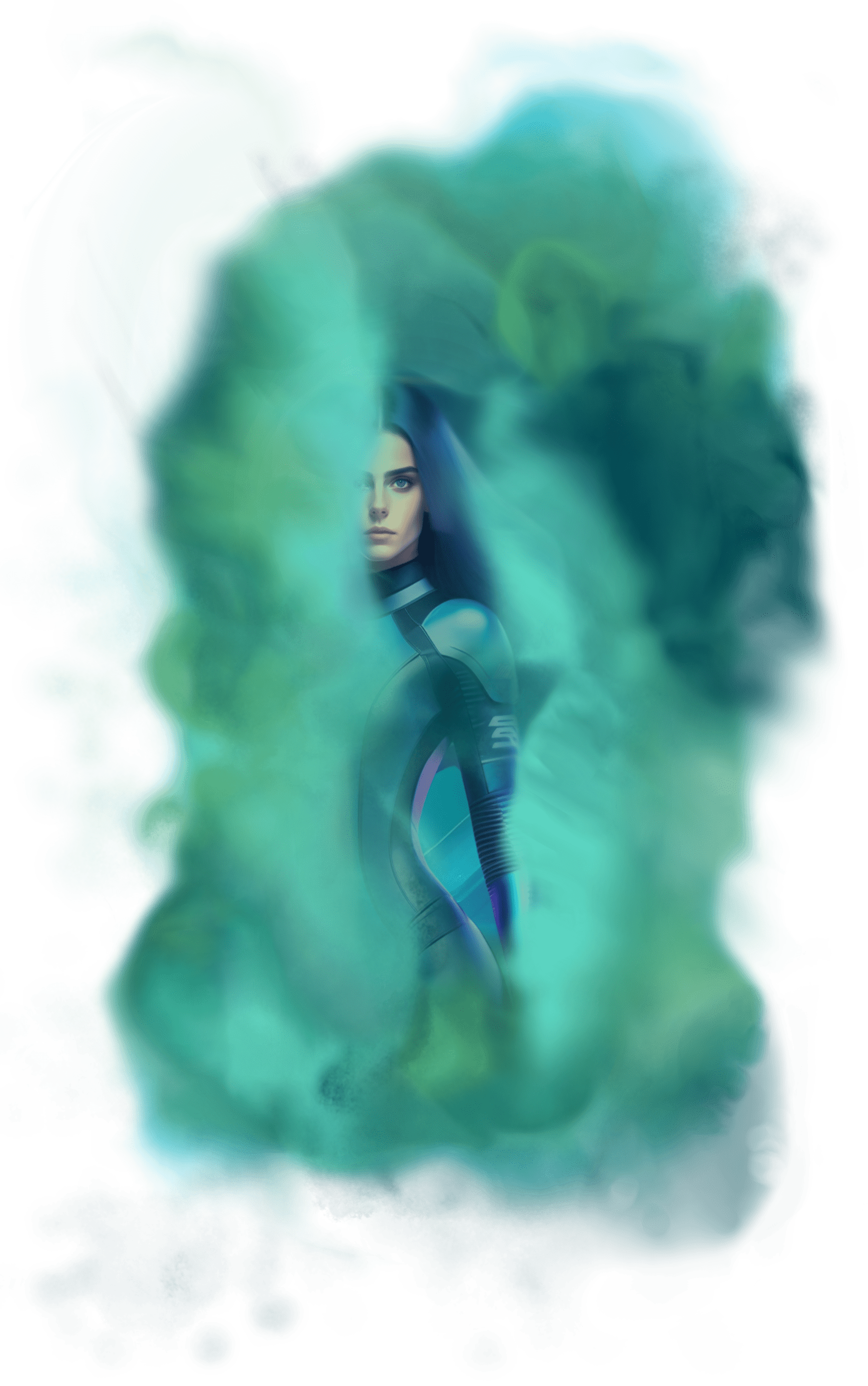 Trellis Image A girl in a sci-fi suit partially covered by blue and green nebula clouds.