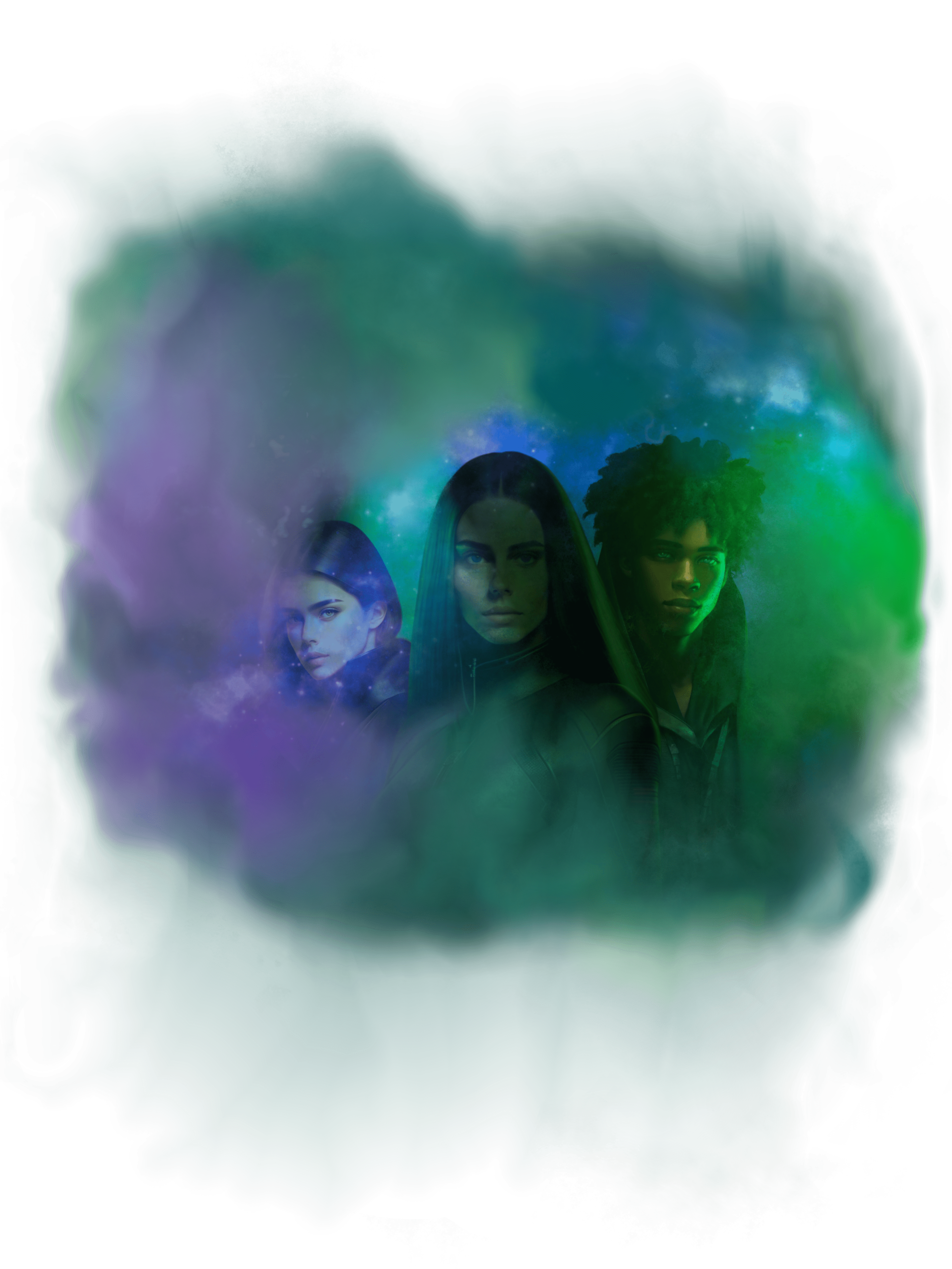 trovant splatter 3-min Three characters in a blue, green and purple nebula-splatter-cloud
