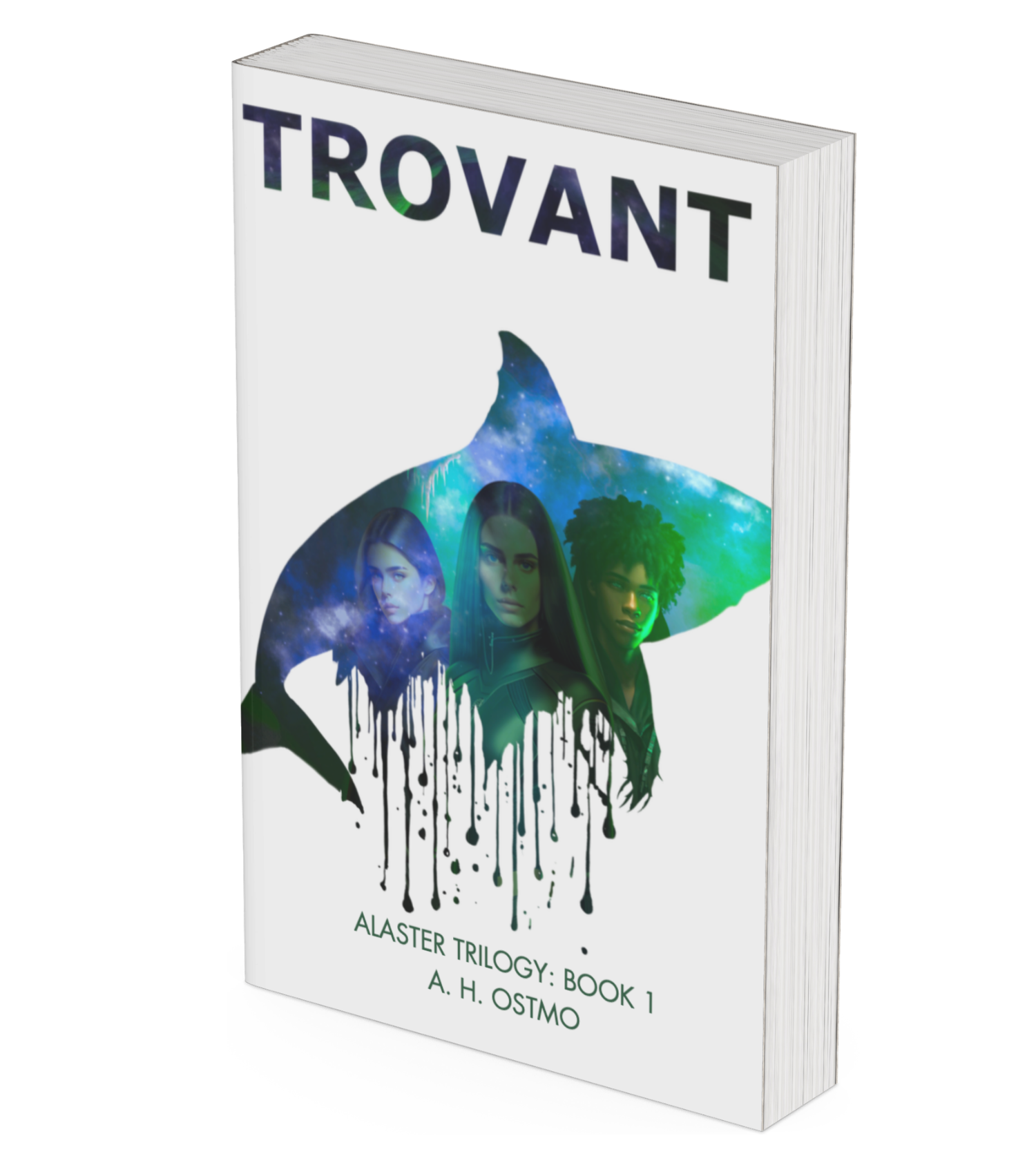 icon of the trovant book cover- a silhouette of a nebula shark with characters inside