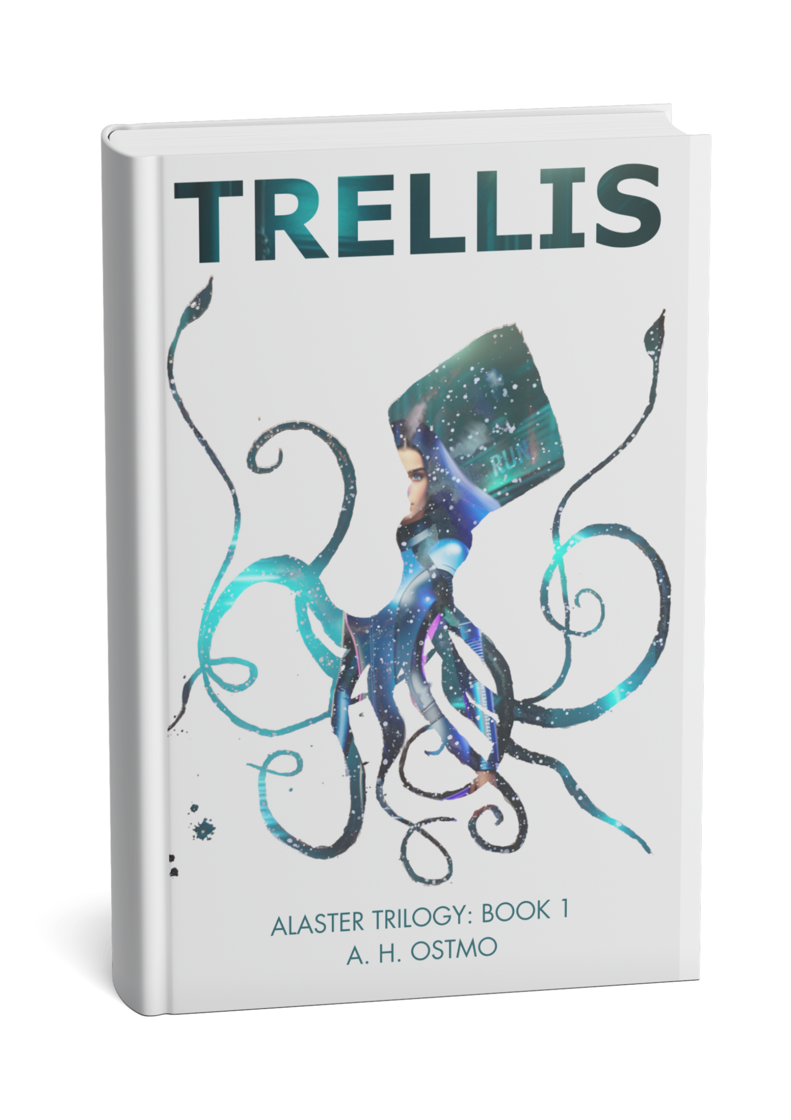 ebook with the trellis book cover: a mask of a squid over a technopunk young woman